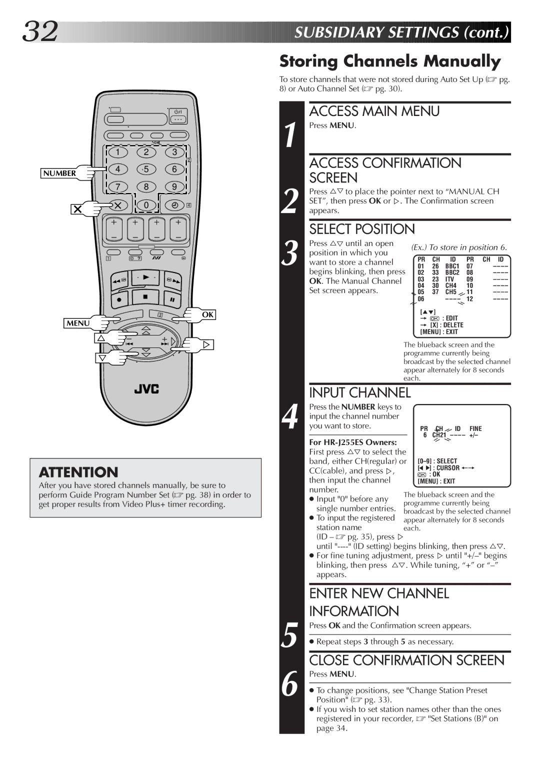 JVC HR-J455EK, HR-J255ES, HR-J255EK, HR-J256EK setup guide Storing Channels Manually 