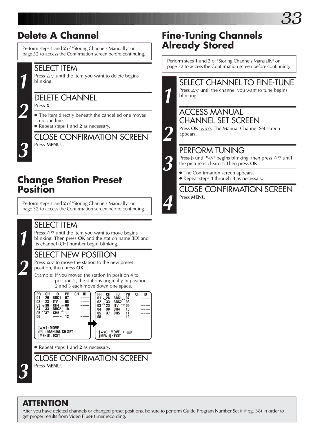 JVC HR-J255ES, HR-J455EK, HR-J255EK Delete a Channel, Change Station Preset Position, Fine-Tuning Channels Already Stored 