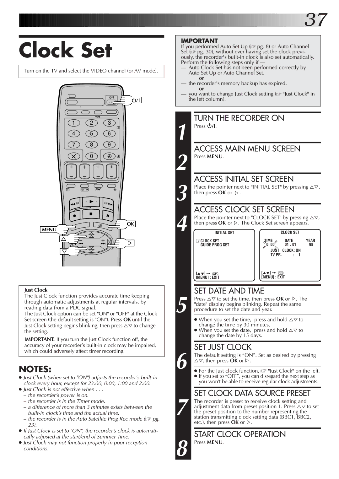 JVC HR-J255ES, HR-J455EK, HR-J255EK, HR-J256EK setup guide Clock Set, Just Clock 