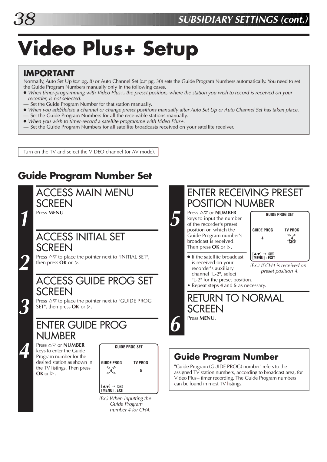 JVC HR-J255EK, HR-J455EK, HR-J255ES, HR-J256EK setup guide Video Plus+ Setup, Guide Program Number Set, OK or% 