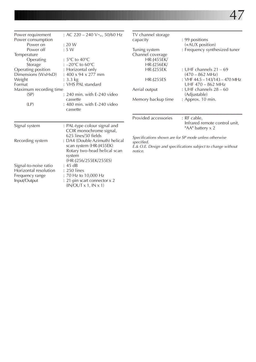 JVC HR-J256EK, HR-J455EK, HR-J255ES, HR-J255EK setup guide Specification S 