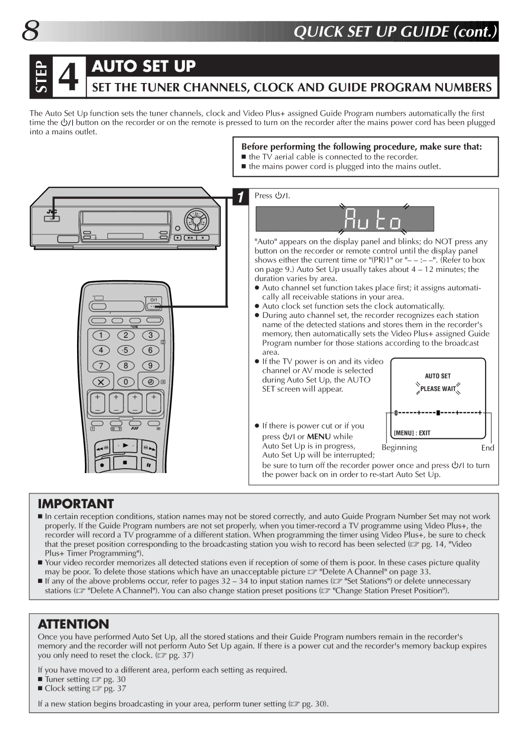 JVC HR-J455EK, HR-J255ES, HR-J255EK, HR-J256EK setup guide Uick SET UP Guide 