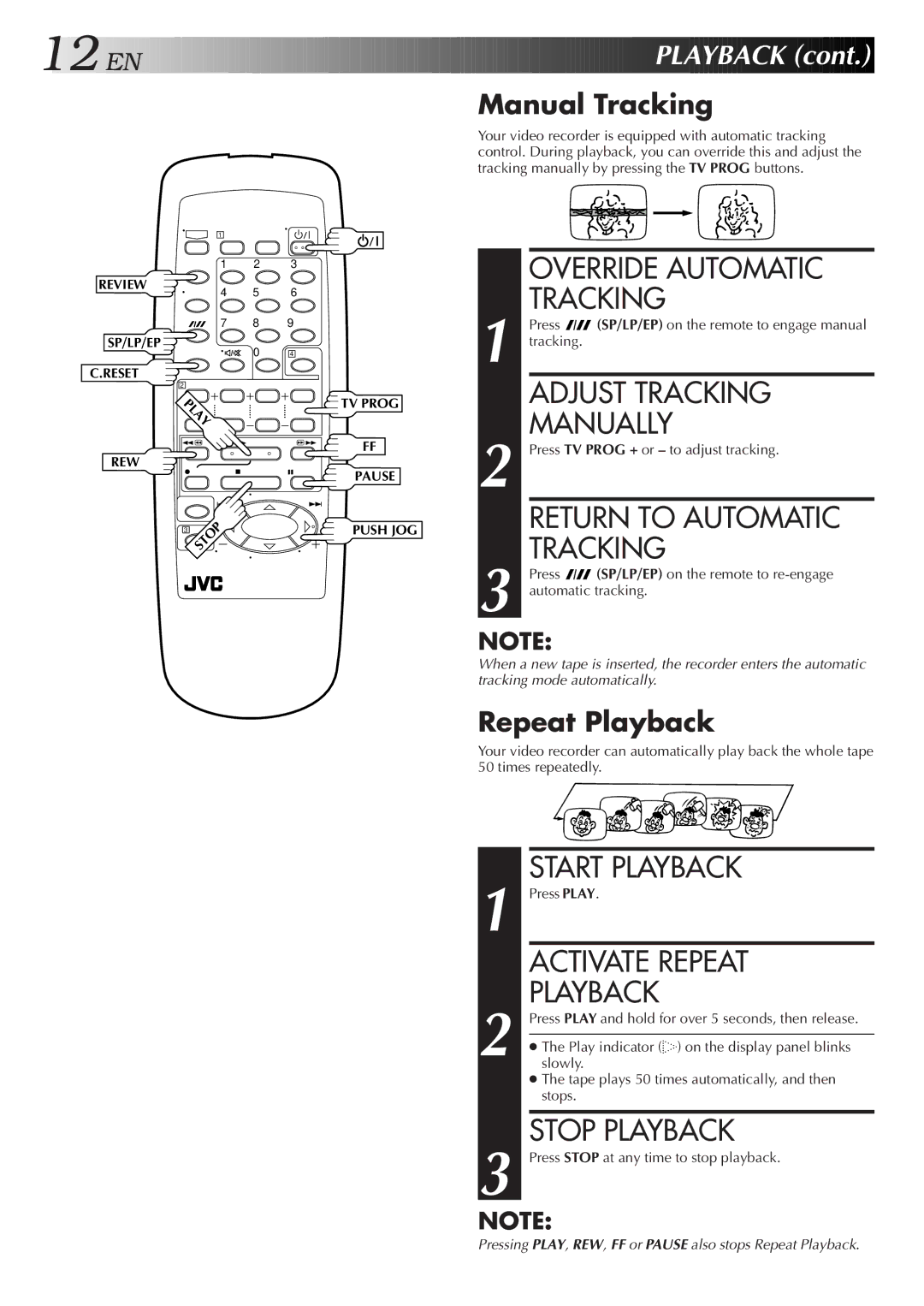 JVC HR-J457MS specifications Adjust Tracking Manually, Return to Automatic Tracking, Activate Repeat Playback, EN Playback 