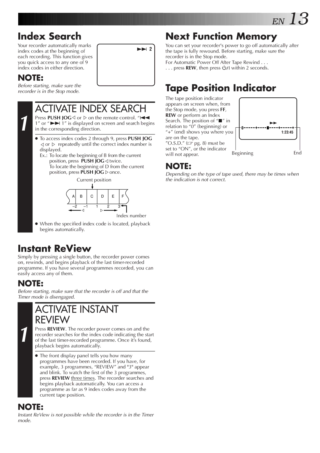 JVC HR-J457MS Activate Index Search, Activate Instant Review, Index Search Next Function Memory, Tape Position Indicator 