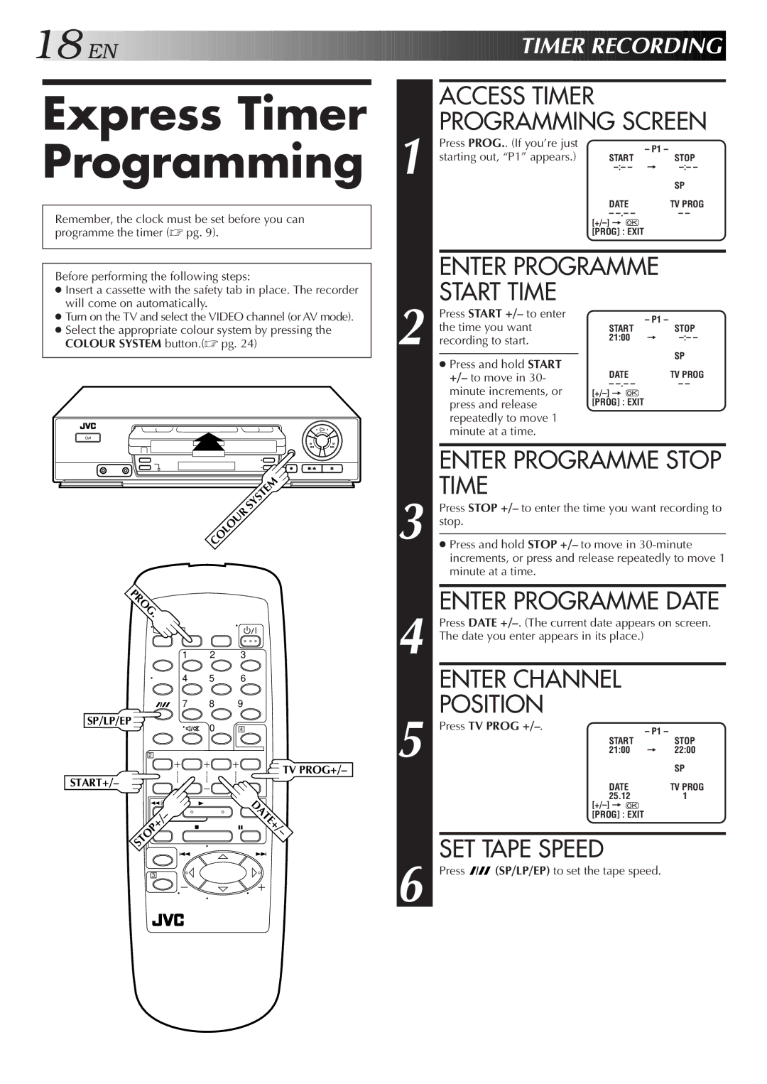 JVC HR-J457MS specifications Express Timer Programming, Start Time, Enter Programme Stop Time, Enter Programme Date 