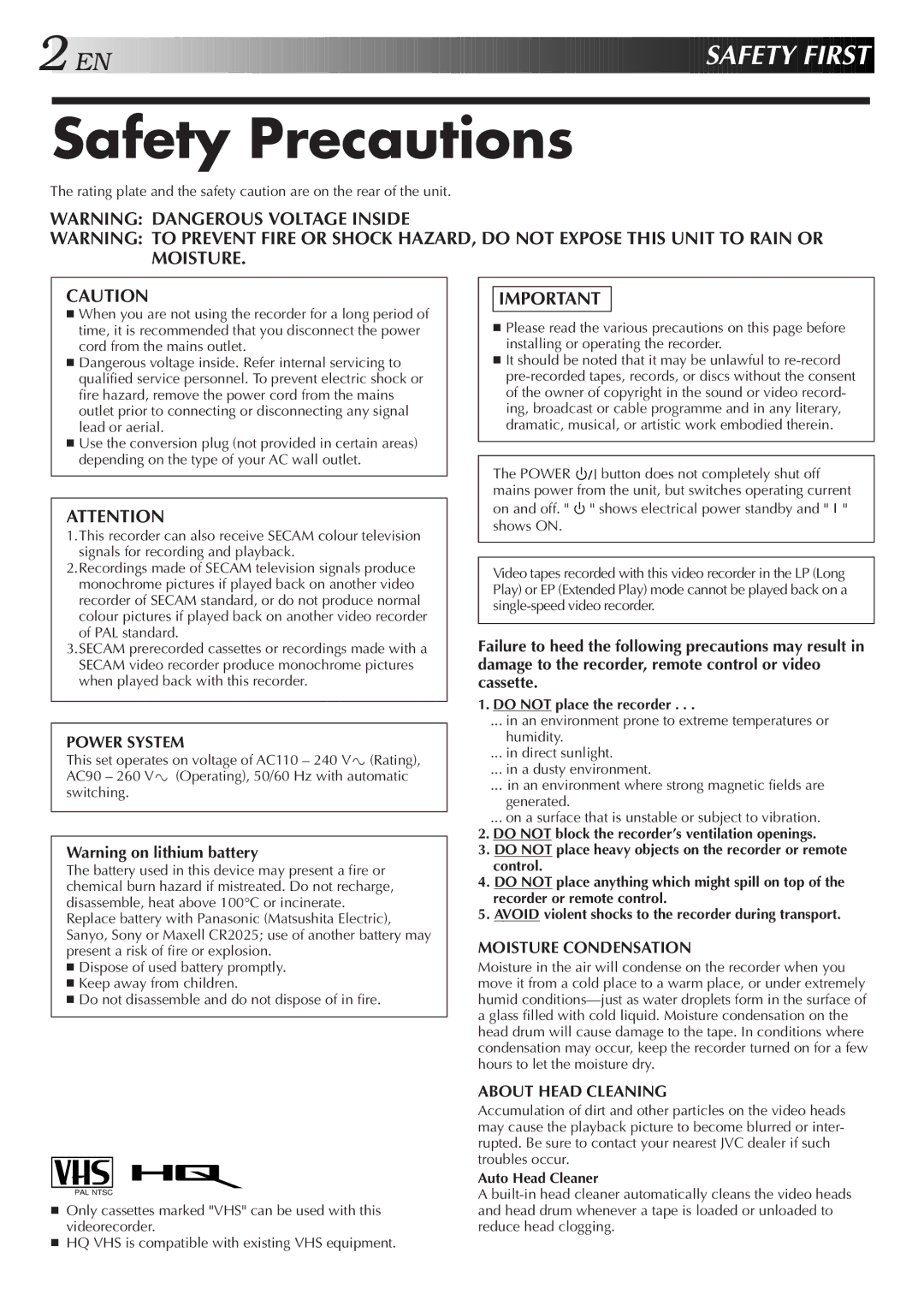 JVC HR-J457MS specifications Safety Precautions, Do not place the recorder, Auto Head Cleaner 