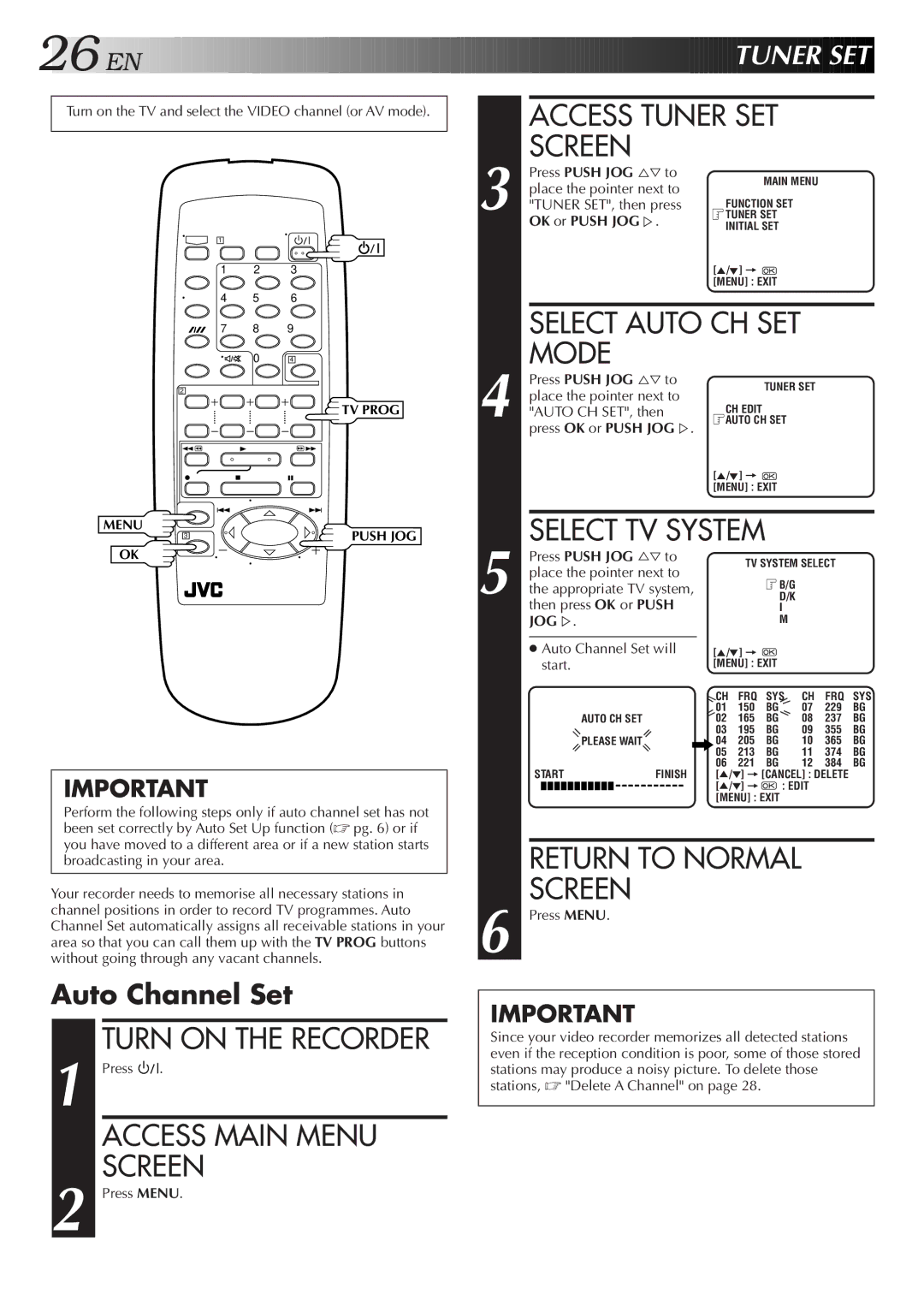 JVC HR-J457MS specifications Mode, Select TV System, Tuner SET 