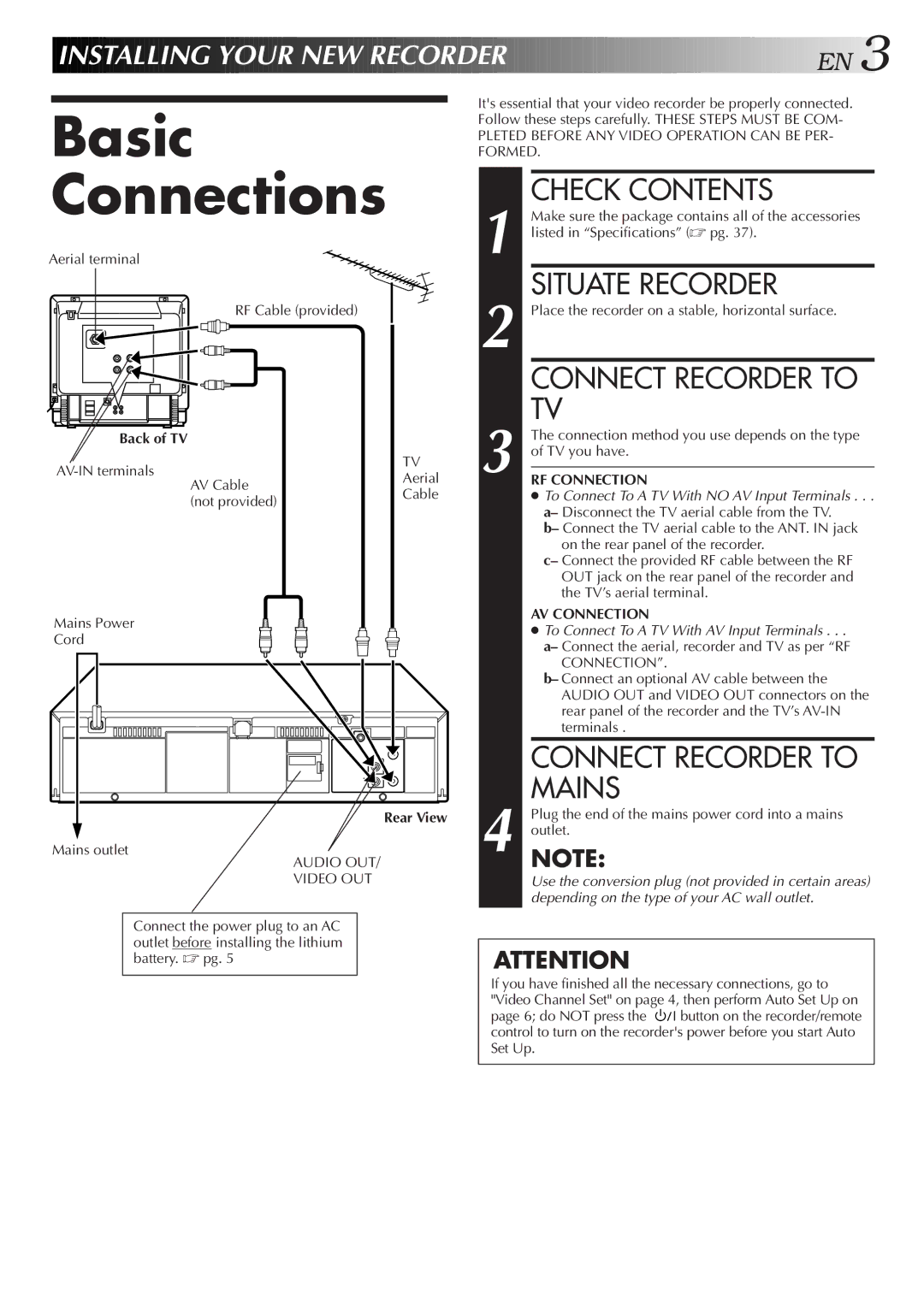 JVC HR-J457MS specifications Basic Connections, Check Contents, Situate Recorder, Mains, Rear View 