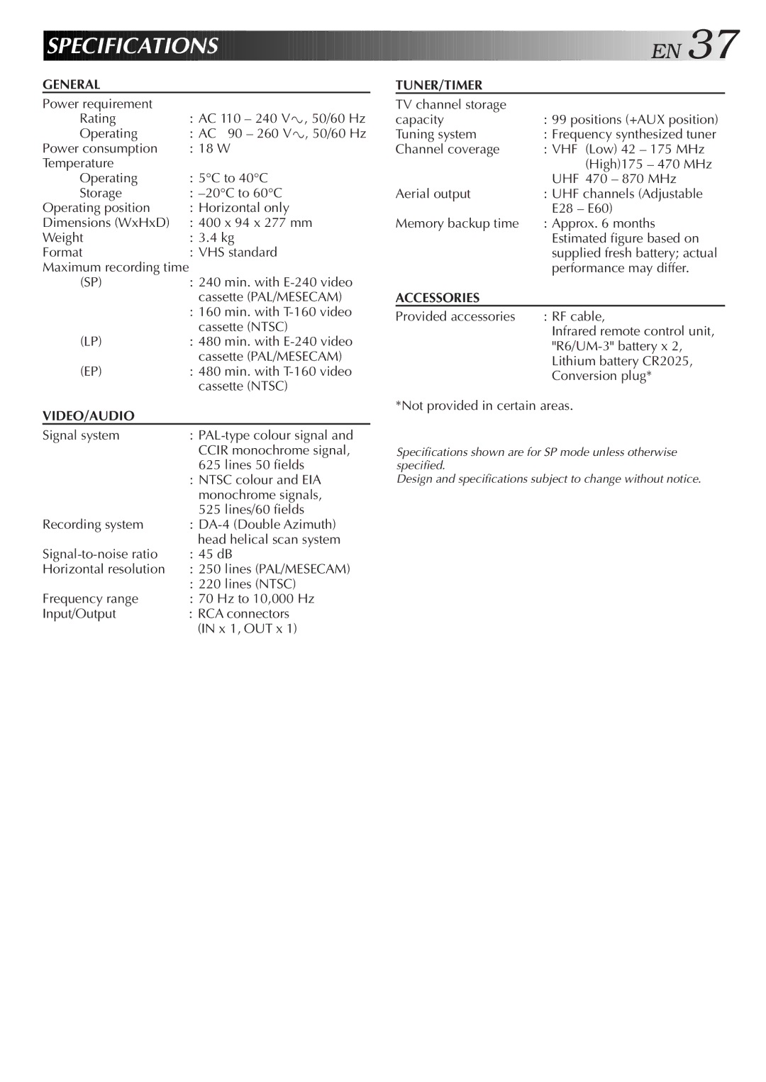 JVC HR-J457MS specifications Specification S 