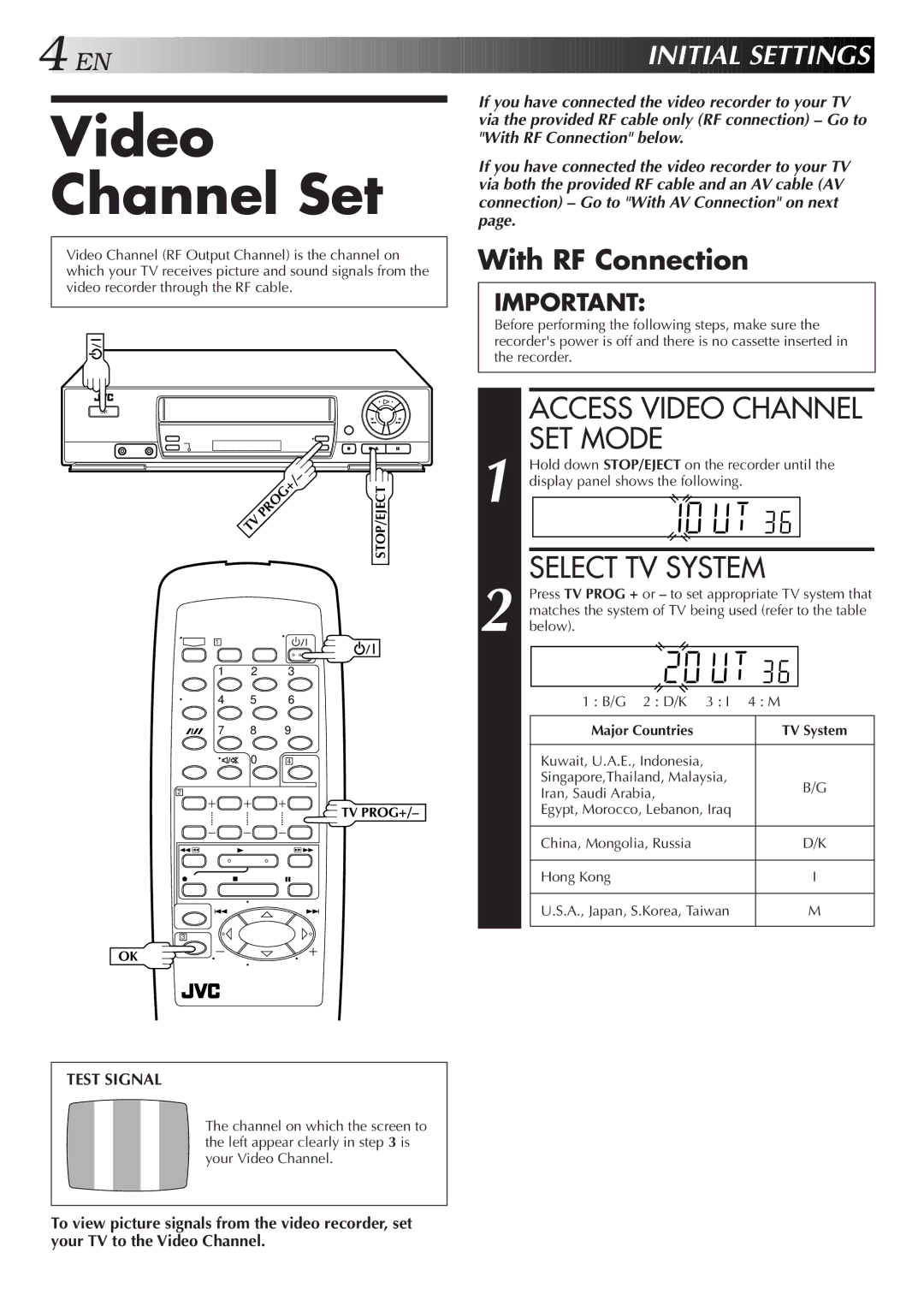 JVC HR-J457MS Video Channel Set, Access Video Channel SET Mode, EN I Nitial Sett Ings, With RF Connection, Major Countries 