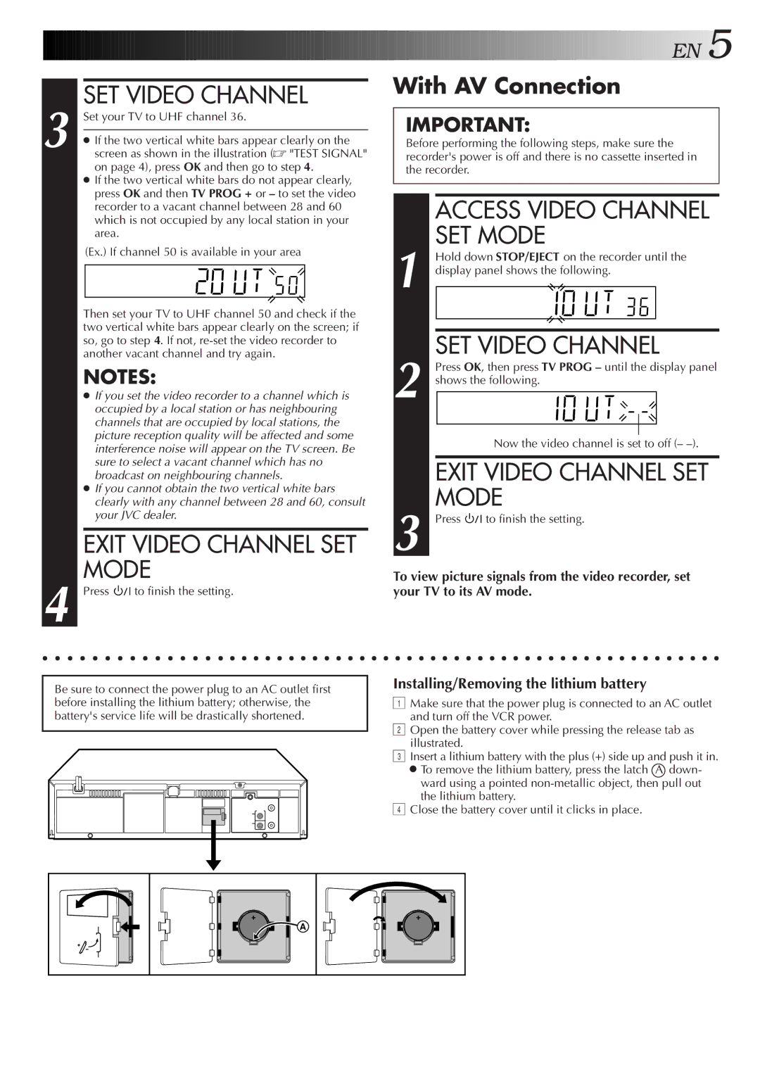 JVC HR-J457MS specifications SET Video Channel, Exit Video Channel SET Mode, With AV Connection, Set your TV to UHF channel 