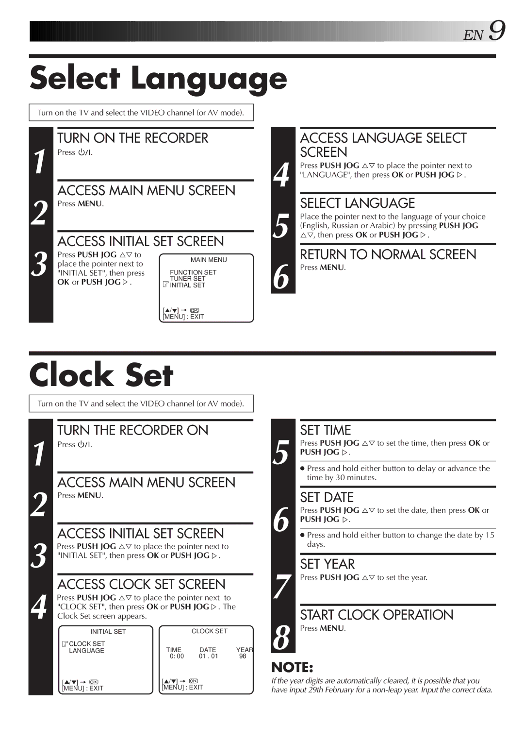 JVC HR-J457MS Select Language, Clock Set, Place the pointer next to, Initial SET, then press, OK or Push Jogþ 