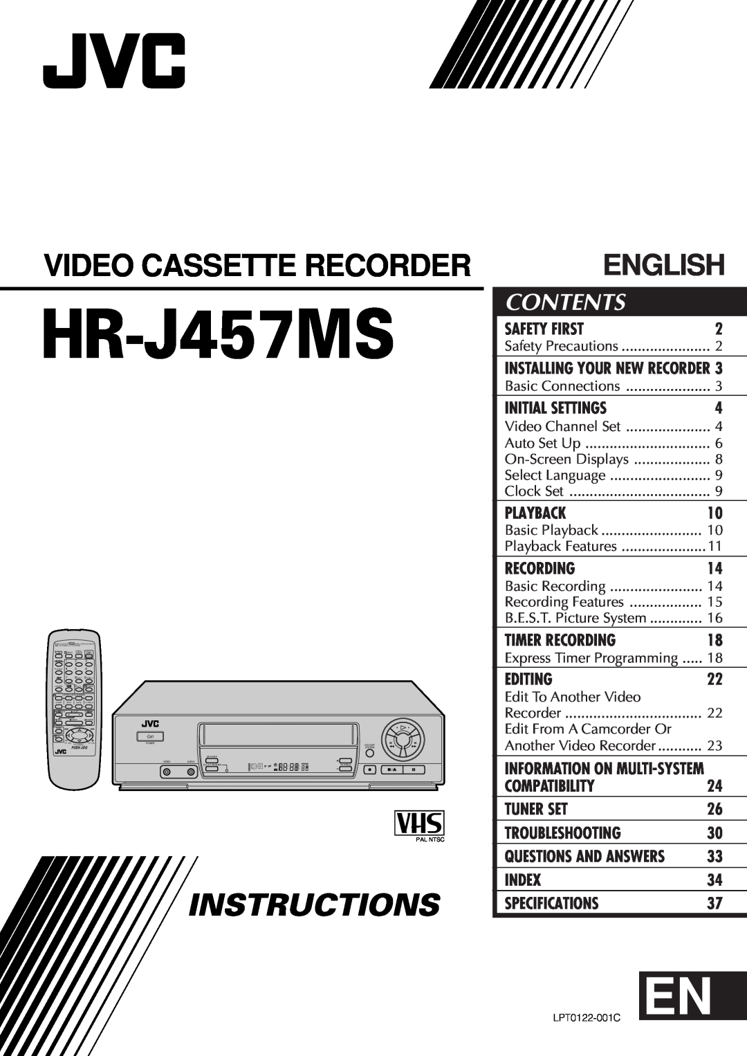 JVC HR-J457MS specifications Video Cassette Recorder, Instructions, English, Contents 