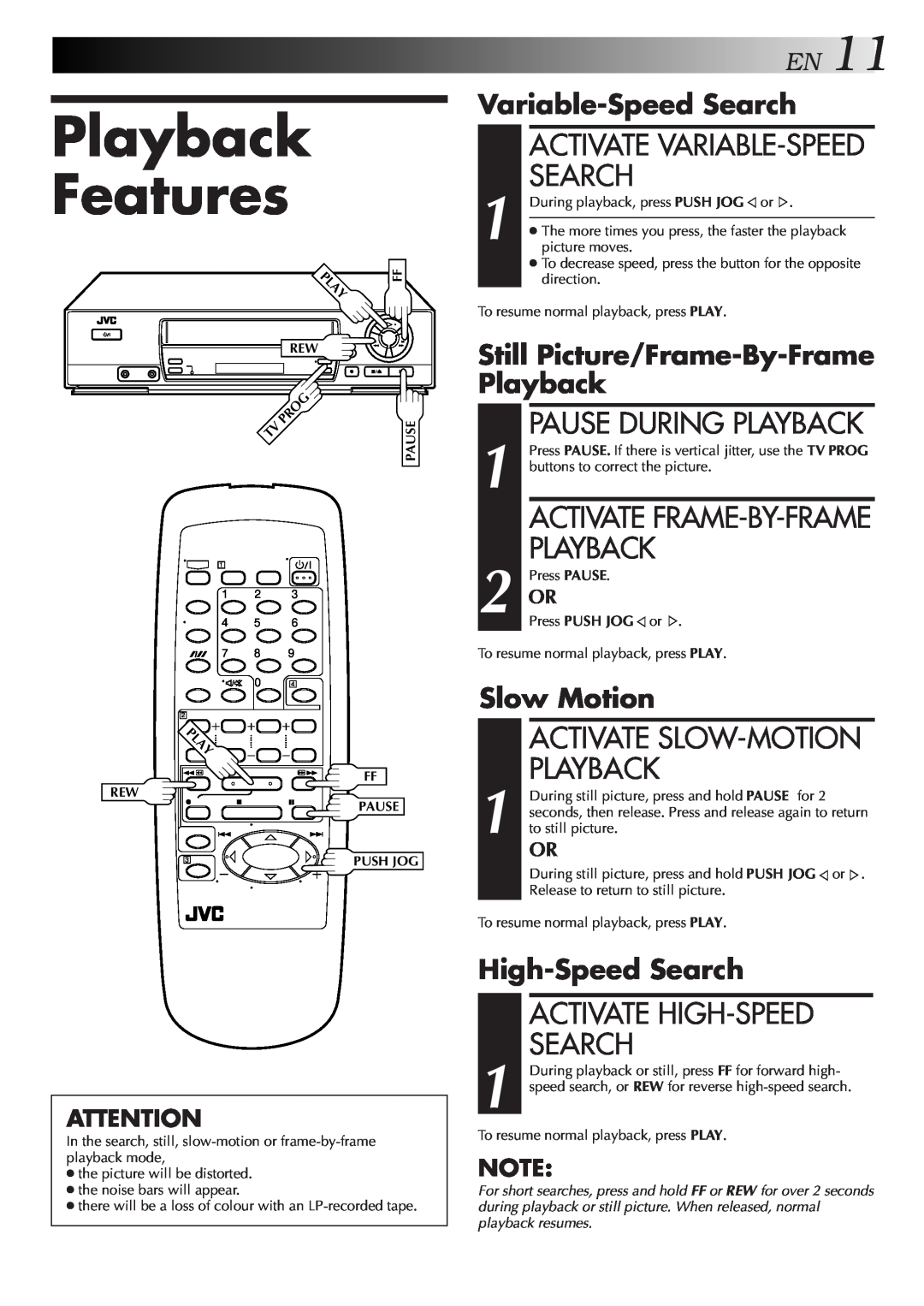 JVC HR-J457MS Playback Features, EN11, Activate Slow-Motion Playback, Activate High-Speed Search, Slow Motion 