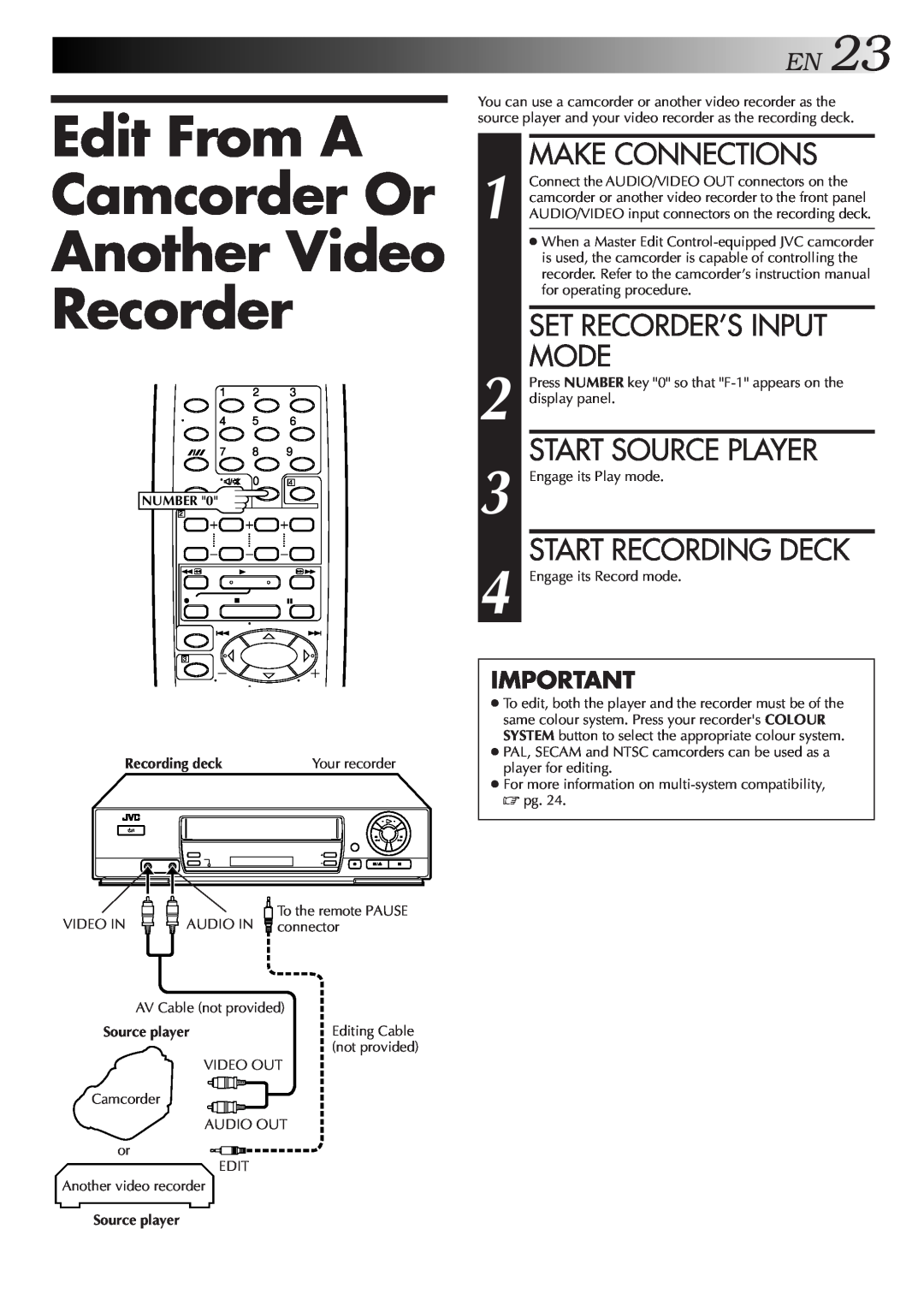 JVC HR-J457MS Edit From A Camcorder Or Another Video Recorder, EN23, Set Recorder’S Input, Mode, Make Connections 