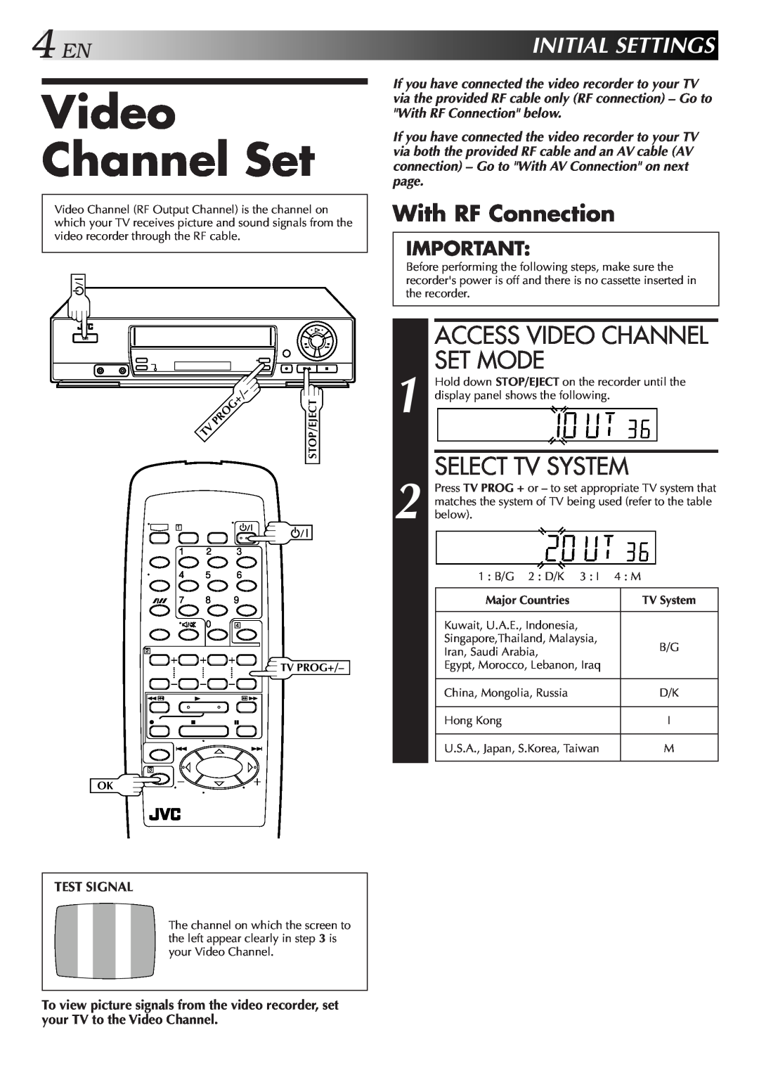 JVC HR-J457MS specifications Access Video Channel Set Mode, 4ENINITIALSETTINGS, With RF Connection, Select Tv System 