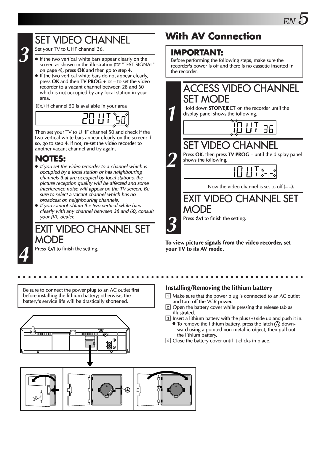 JVC HR-J457MS Set Video Channel, Exit Video Channel Set Mode, With AV Connection, Access Video Channel Set Mode 