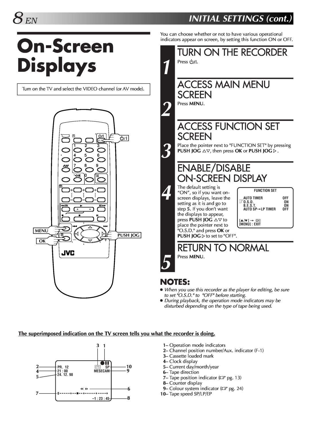 JVC HR-J457MS specifications On-Screen Displays, Turn On The Recorder, Access Main Menu, Enable/Disable, Return To Normal 