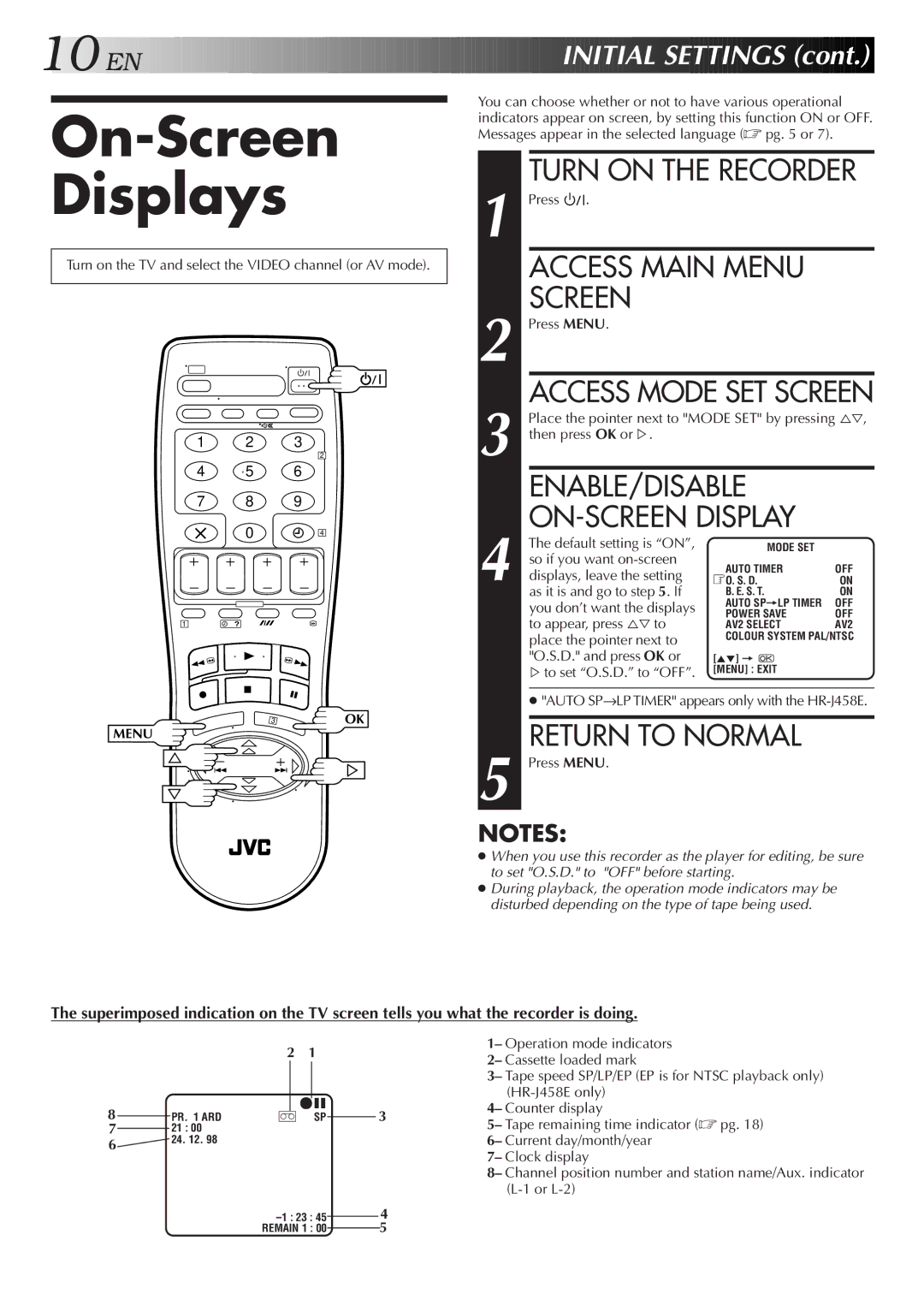 JVC HR-J458E, HR-J258E On-Screen Displays, Turn on the Recorder, Access Main Menu Screen, ENABLE/DISABLE ON-SCREEN Display 