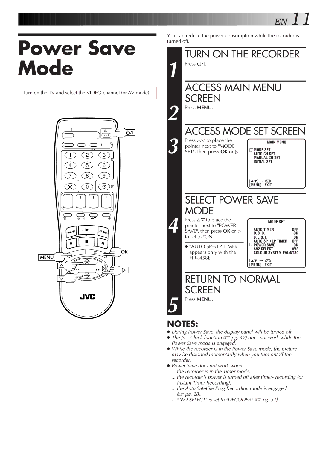 JVC HR-J258E, HR-J458E specifications Power Save Mode 