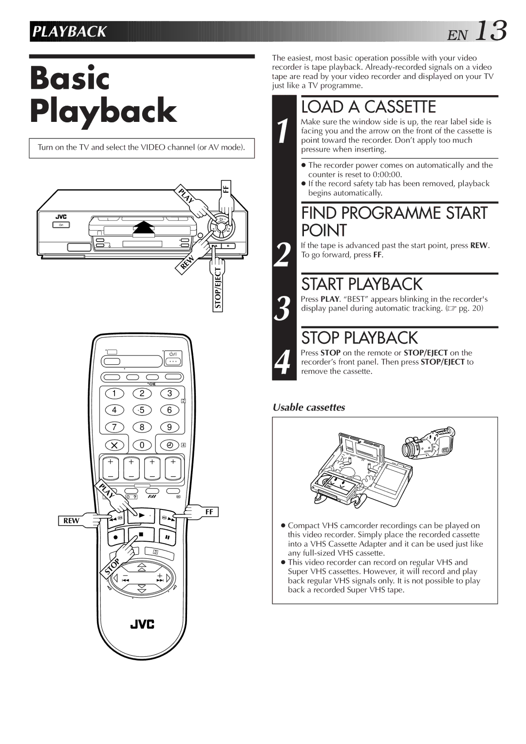 JVC HR-J258E, HR-J458E specifications Basic Playback, Load a Cassette, Point, Start Playback, Stop Playback 