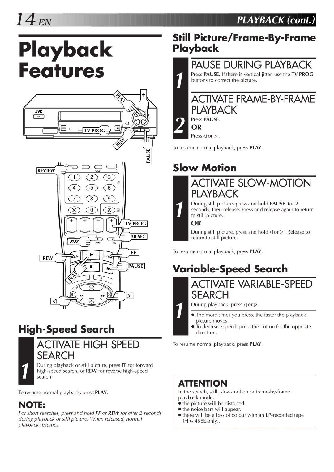 JVC HR-J458E, HR-J258E specifications Playback Features, Activate HIGH-SPEED Search 