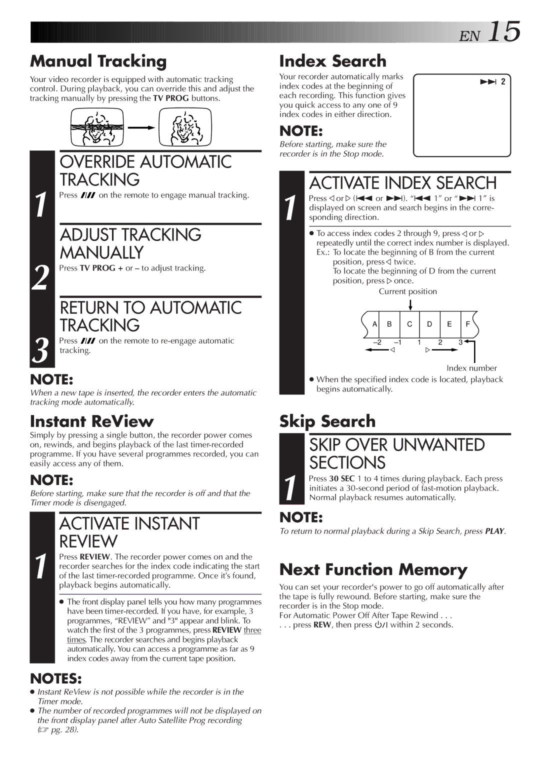 JVC HR-J258E Override Automatic Tracking, Adjust Tracking, Manually, Return to Automatic, Activate Instant Review 