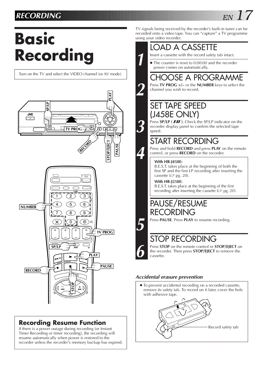 JVC HR-J258E, HR-J458E specifications Basic Recording 