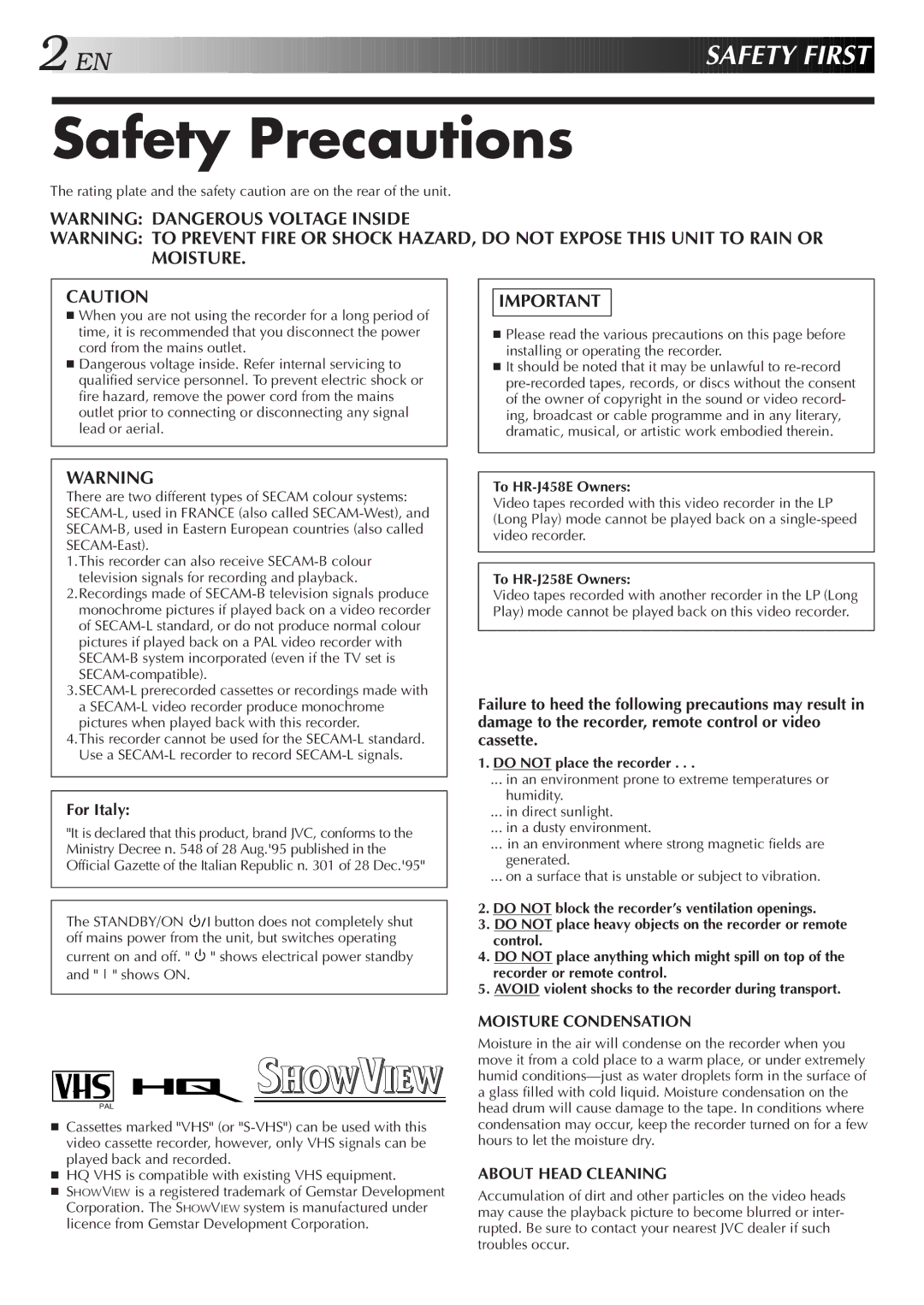 JVC specifications Safety Precautions, To HR-J458E Owners, To HR-J258E Owners, Do not place the recorder 