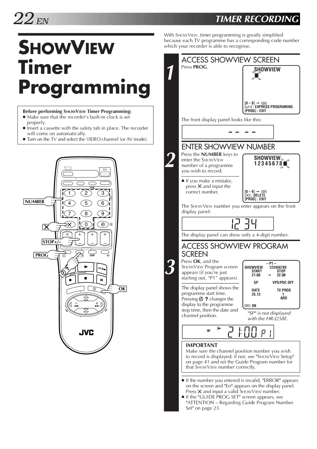 JVC HR-J458E, HR-J258E specifications Timer Programming 