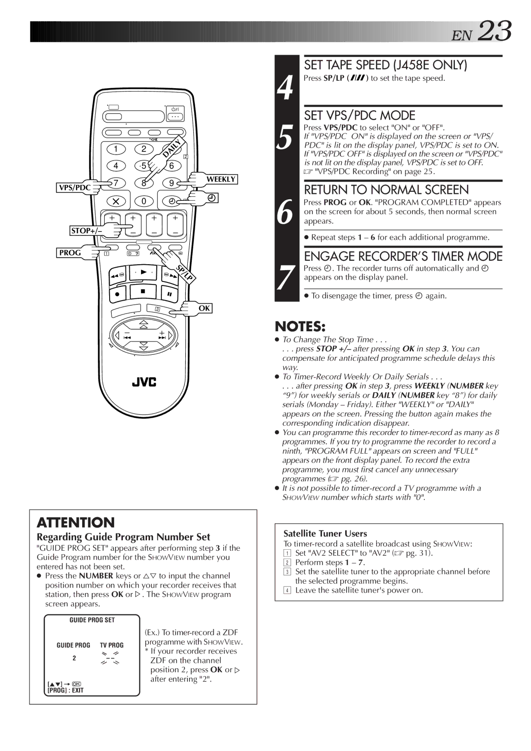 JVC HR-J258E, HR-J458E specifications Press SP/LP 