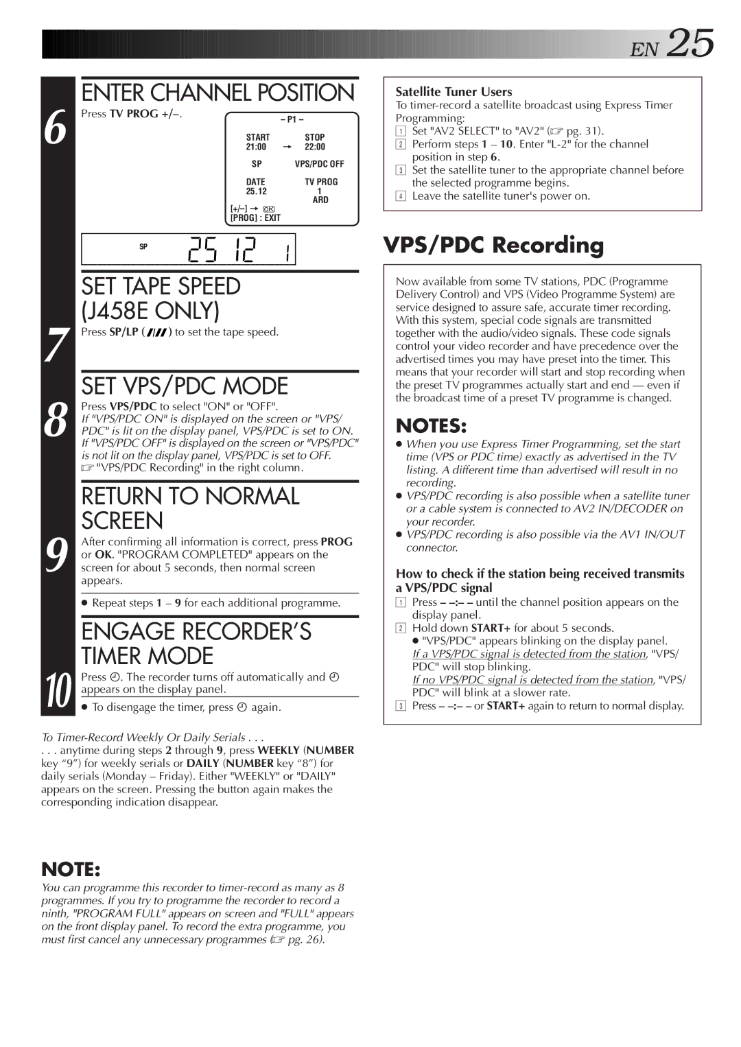 JVC HR-J258E, HR-J458E Enter Channel Position, Engage RECORDER’S, Timer Mode, VPS/PDC Recording, Press TV Prog + 