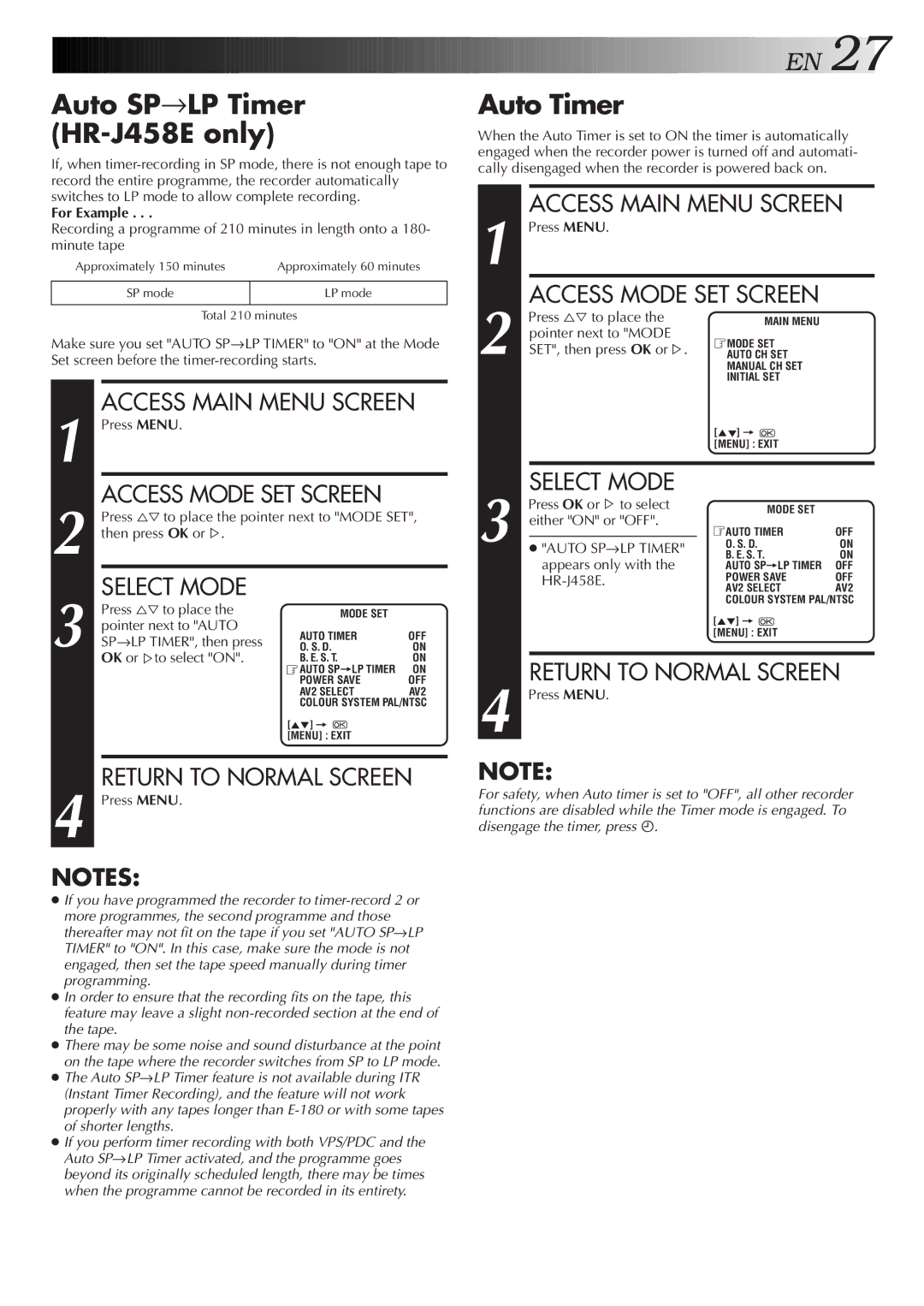 JVC HR-J258E specifications Auto SP→LP Timer HR-J458E only, Auto Timer 