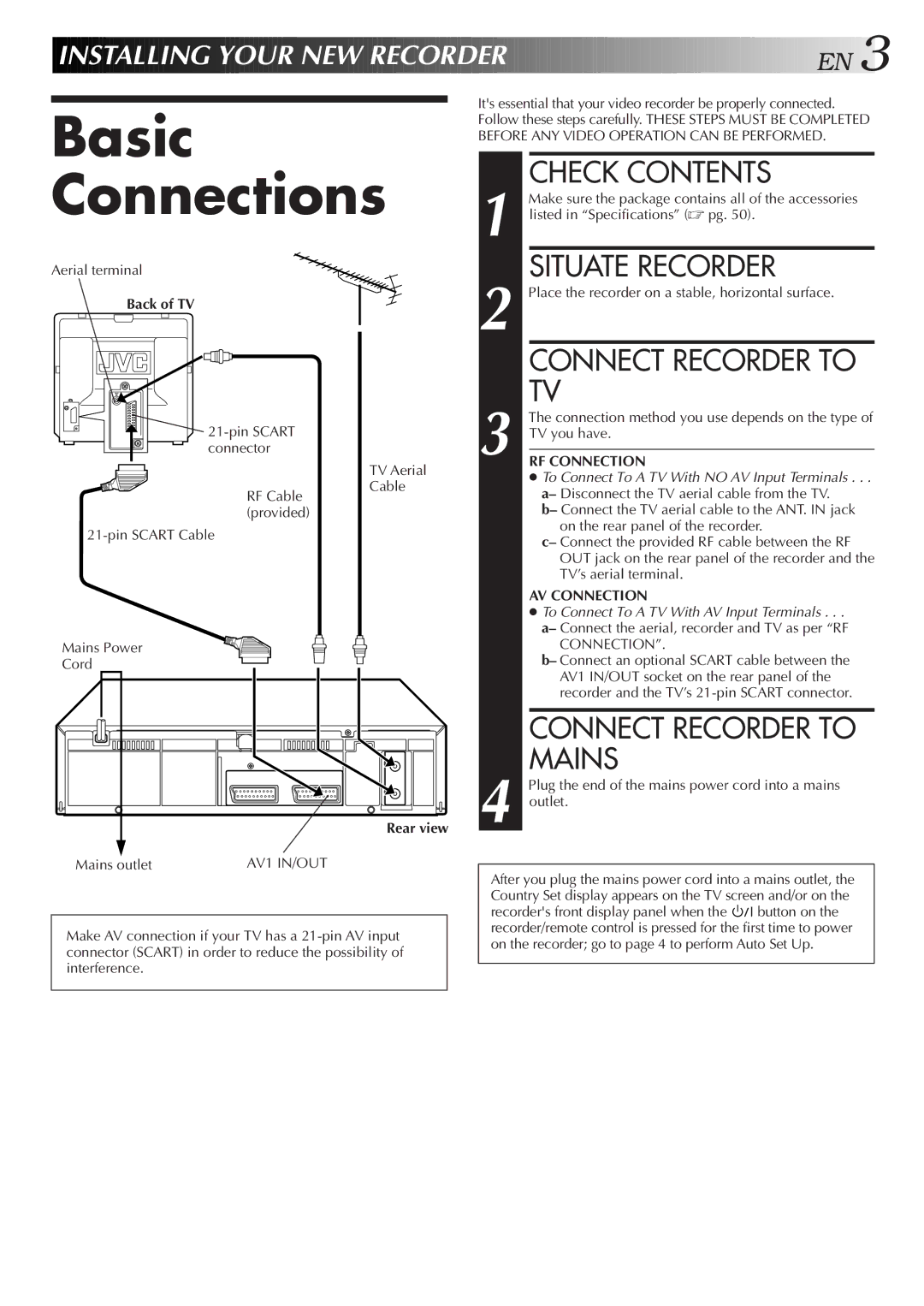 JVC HR-J258E, HR-J458E specifications Basic Connections, Check Contents, Situate Recorder, Connect Recorder to Mains 