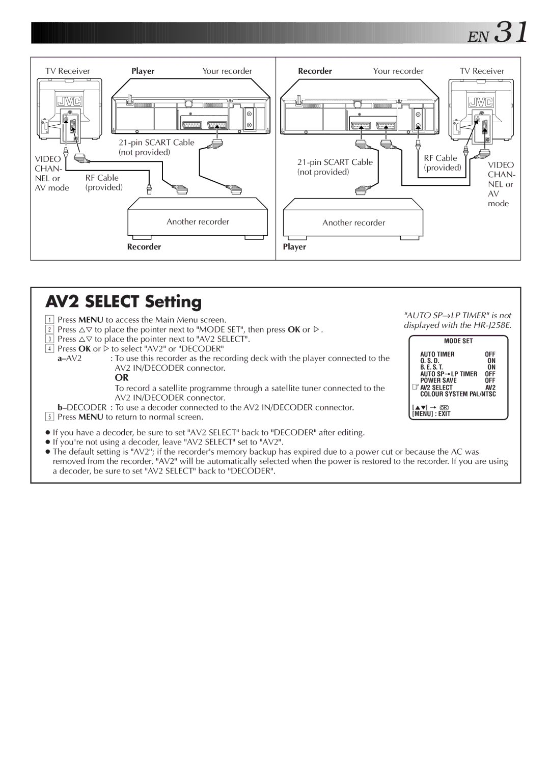 JVC HR-J258E, HR-J458E specifications AV2 Select Setting, Recorder 