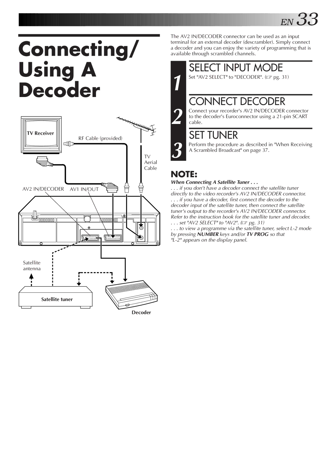 JVC HR-J258E, HR-J458E Connecting Using a Decoder, Select Input Mode, Connect Decoder, SET Tuner, Satellite tuner Decoder 