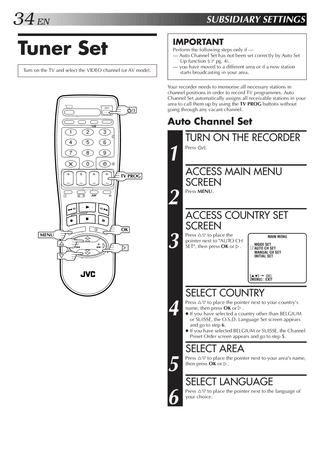 JVC HR-J458E Tuner Set, Auto Channel Set, SET, then press OK or%, Press %Þ to place the pointer next to the language 