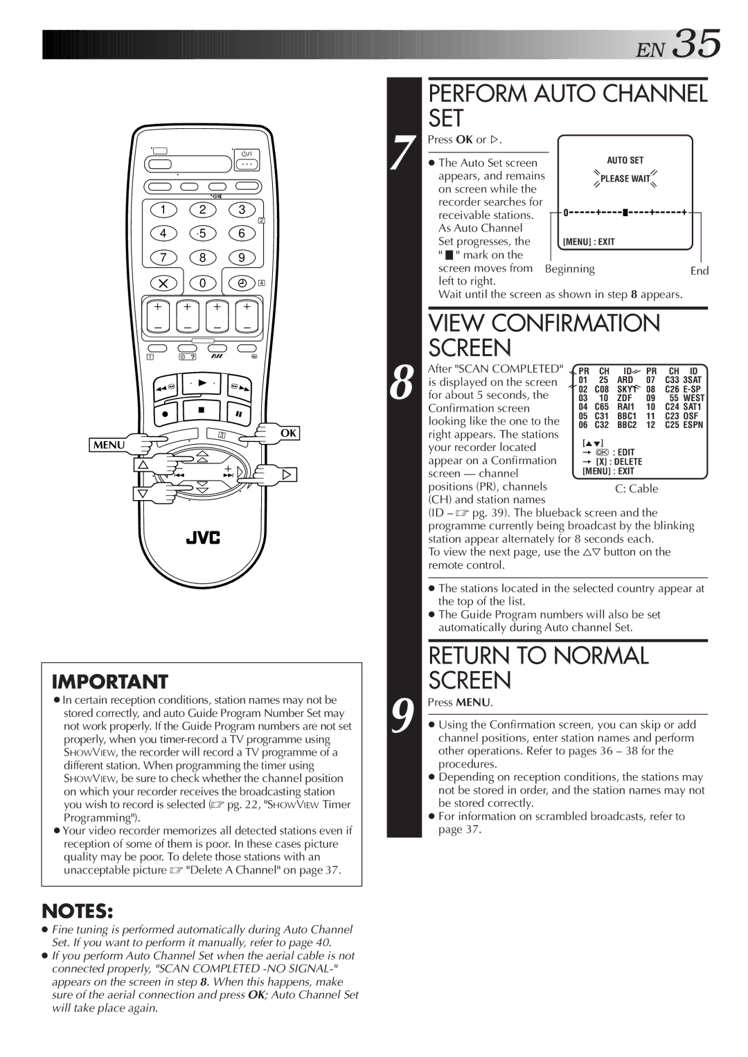 JVC HR-J258E, HR-J458E specifications Perform Auto Channel SET, View Confirmation Screen 