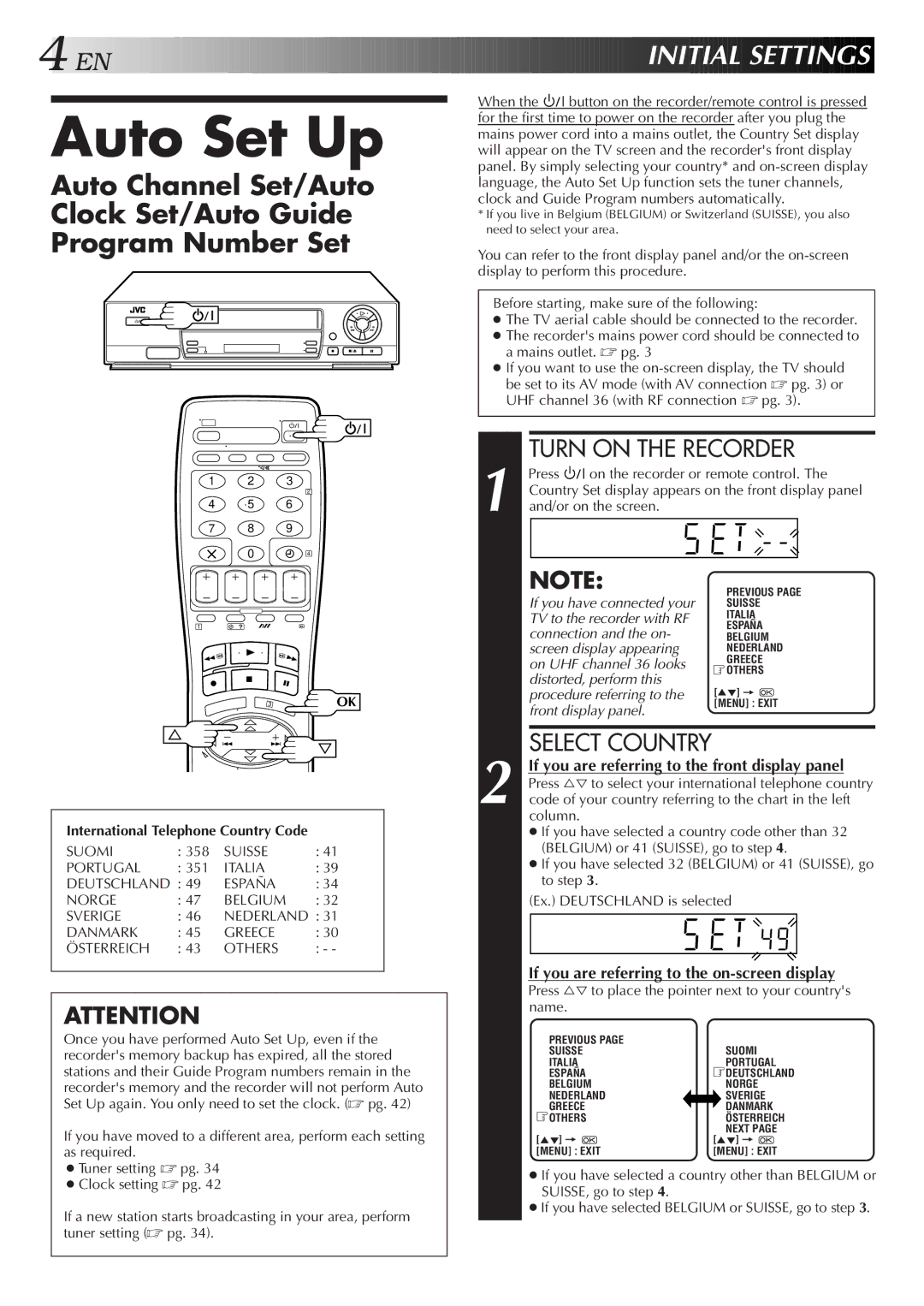 JVC HR-J458E, HR-J258E specifications Auto Set Up, International Telephone Country Code 