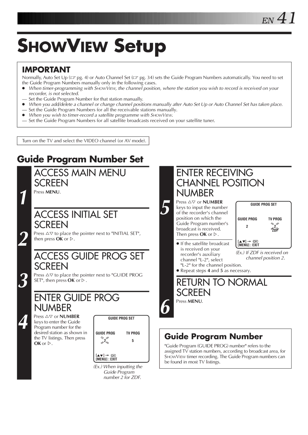 JVC HR-J258E, HR-J458E Showview Setup, Enter Receiving Channel Position Number, Guide Program Number Set, OK or% 