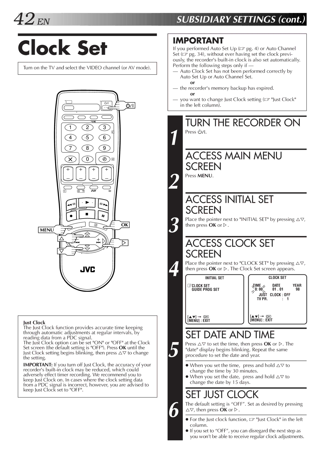 JVC HR-J458E, HR-J258E Clock Set, Access Initial SET Screen, Access Clock SET Screen, SET Date and Time, SET Just Clock 