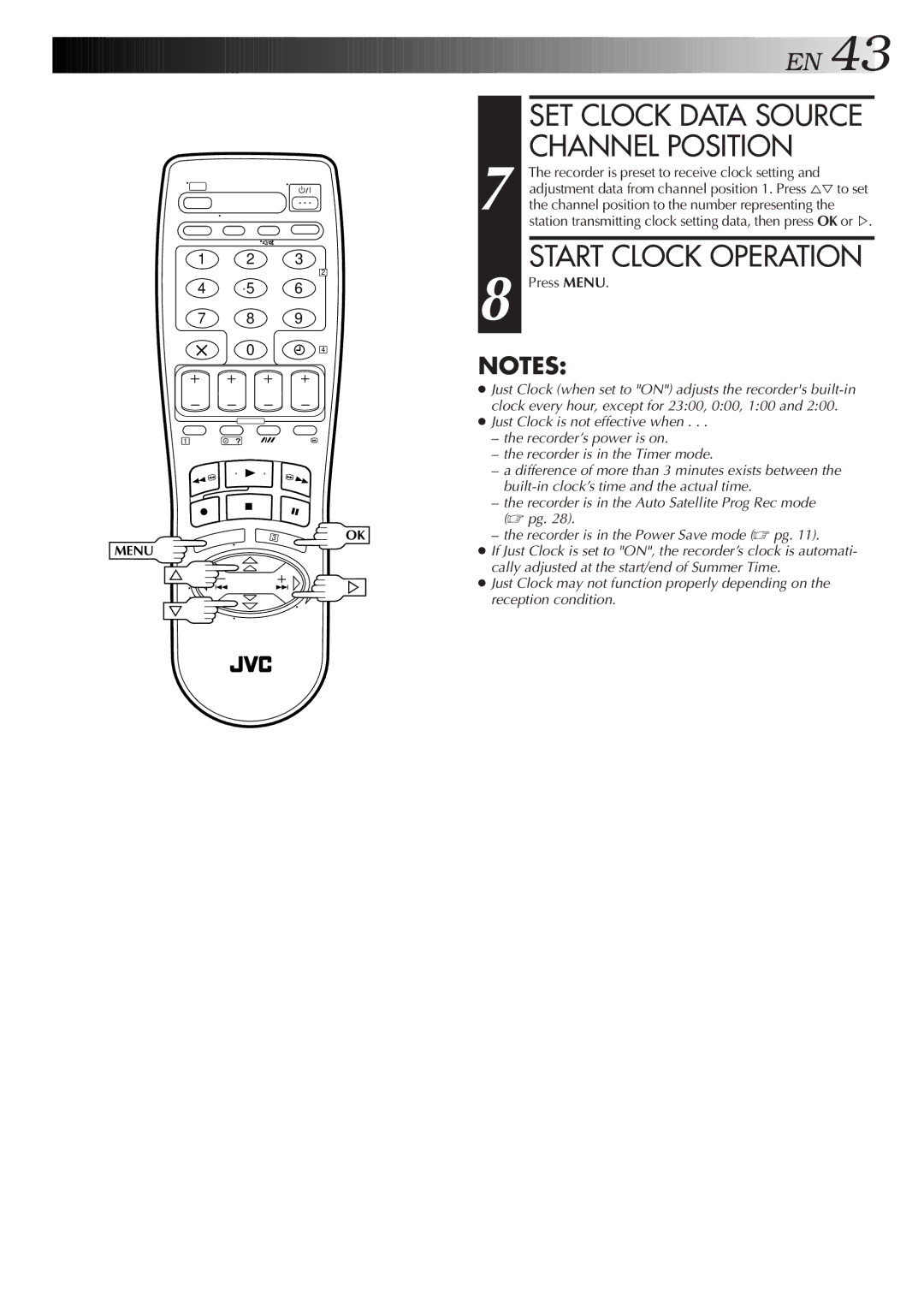 JVC HR-J258E, HR-J458E specifications SET Clock Data Source Channel Position, Start Clock Operation 