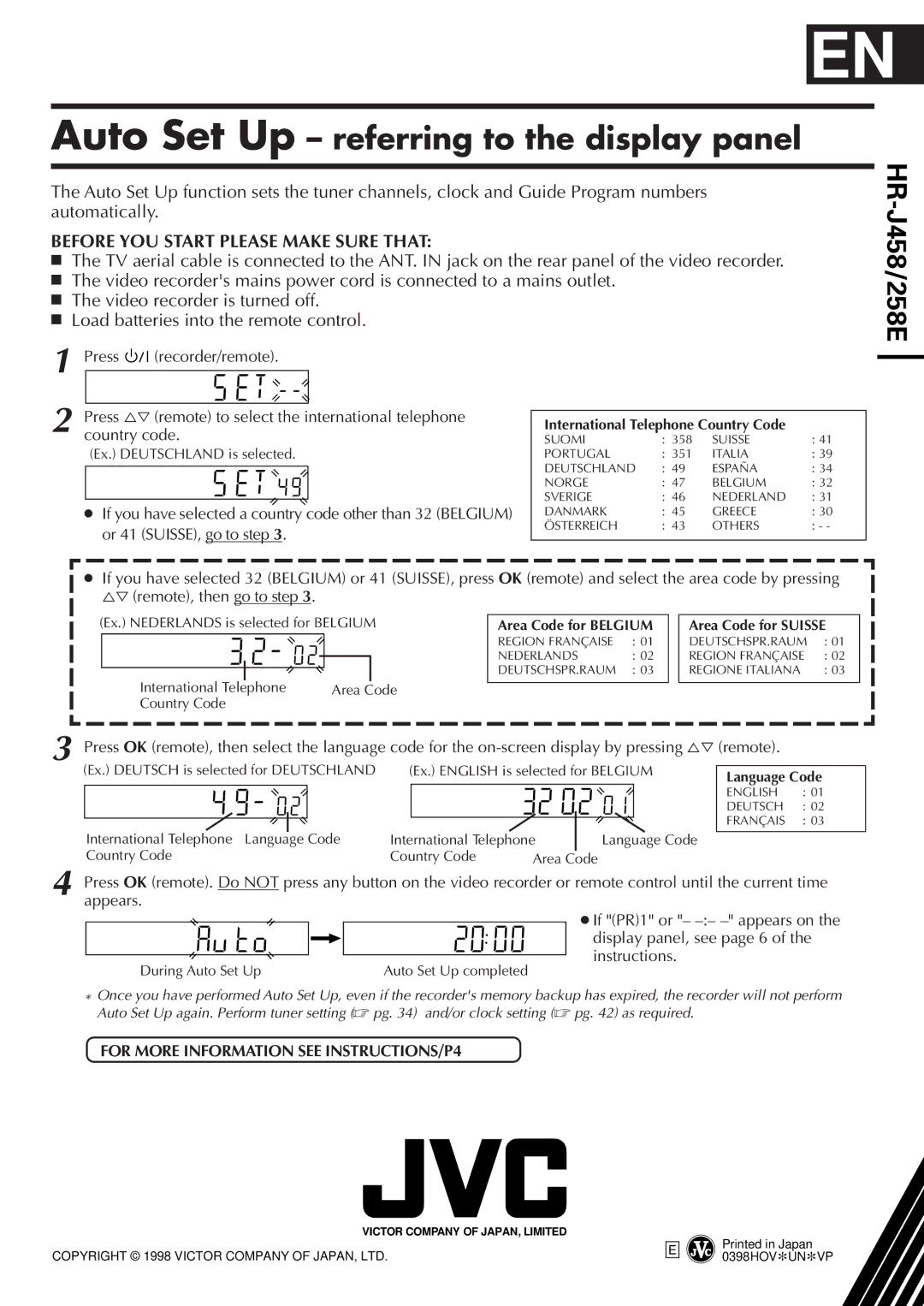 JVC HR-J458E, HR-J258E specifications HR-J458/258E, Area Code for Belgium, Area Code for Suisse, Language Code 