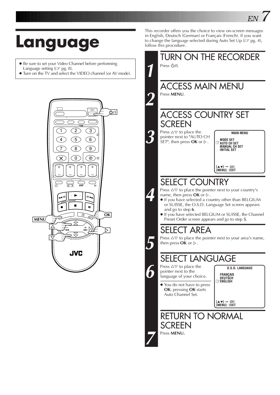 JVC HR-J258E, HR-J458E specifications Language 