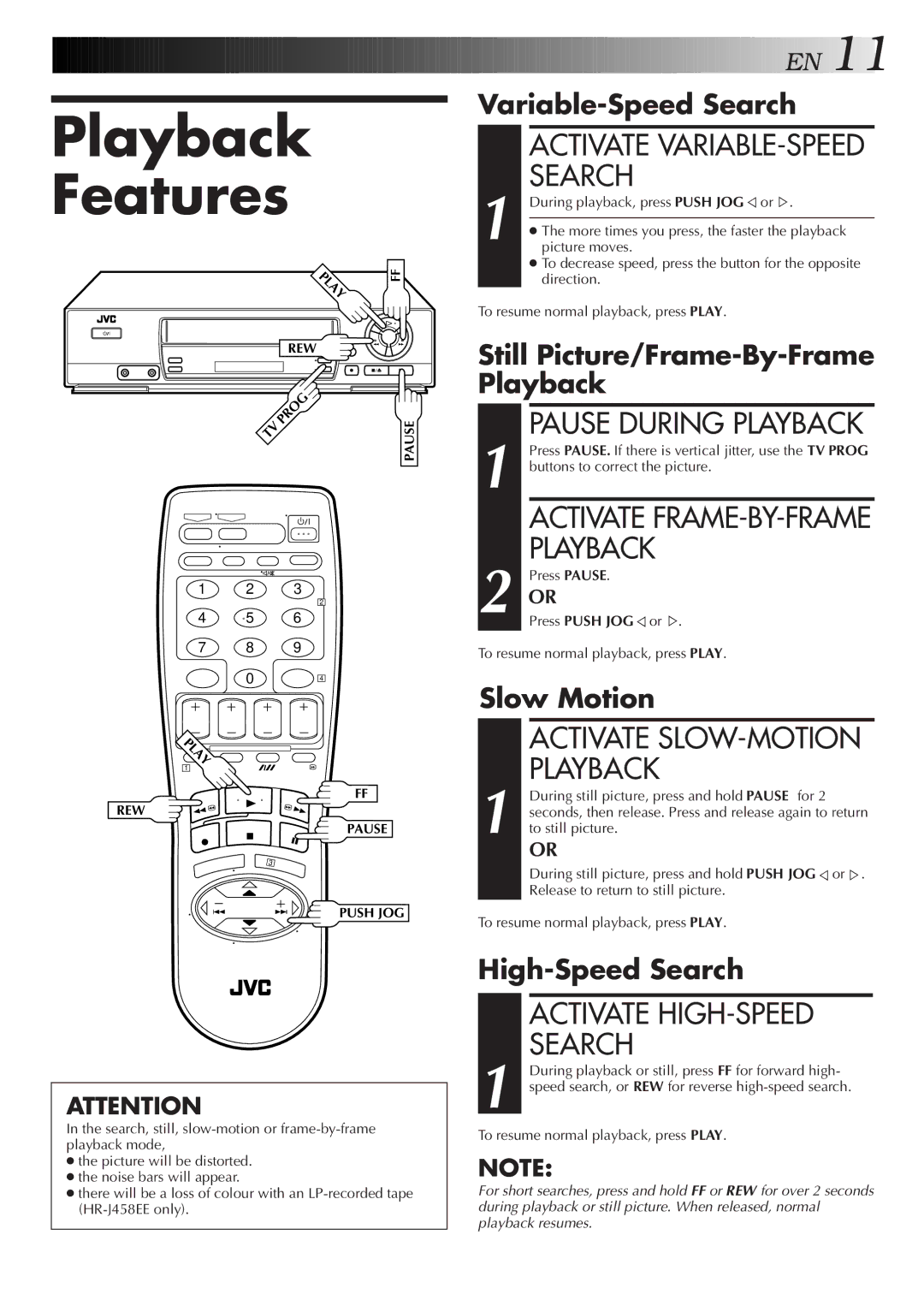 JVC HR-J255EE, HR-J458EE, HR-J258EE specifications Playback Features, Activate HIGH-SPEED Search 