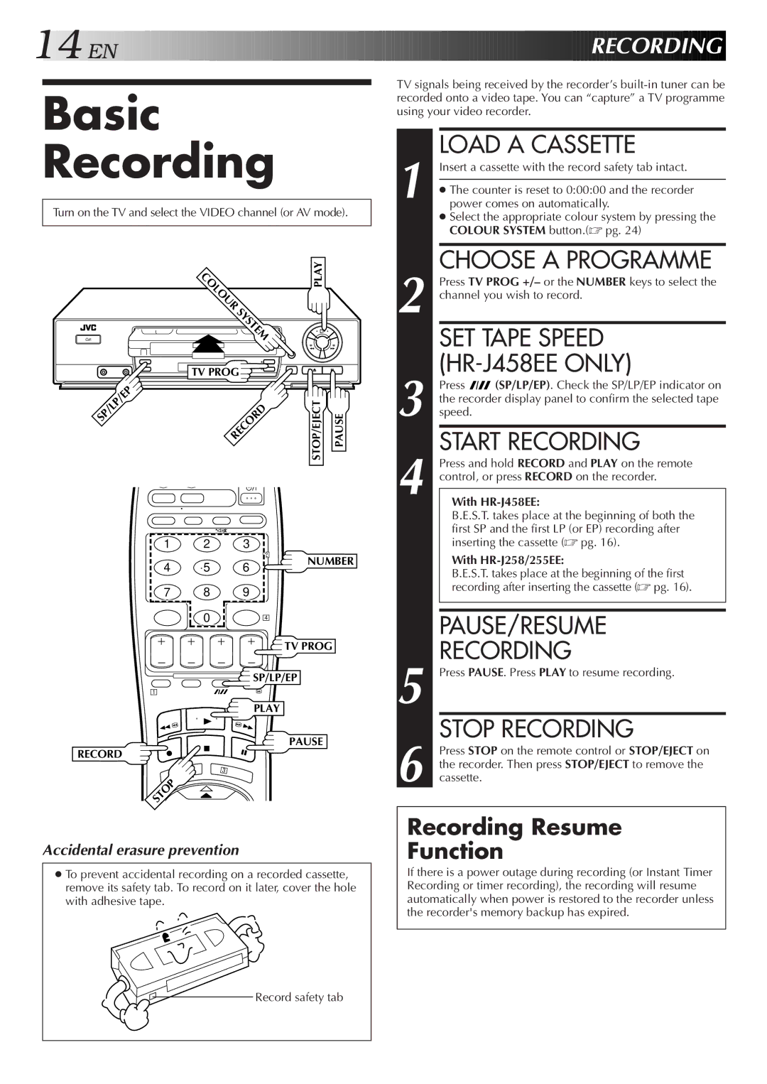 JVC HR-J255EE, HR-J458EE, HR-J258EE specifications Basic Recording 