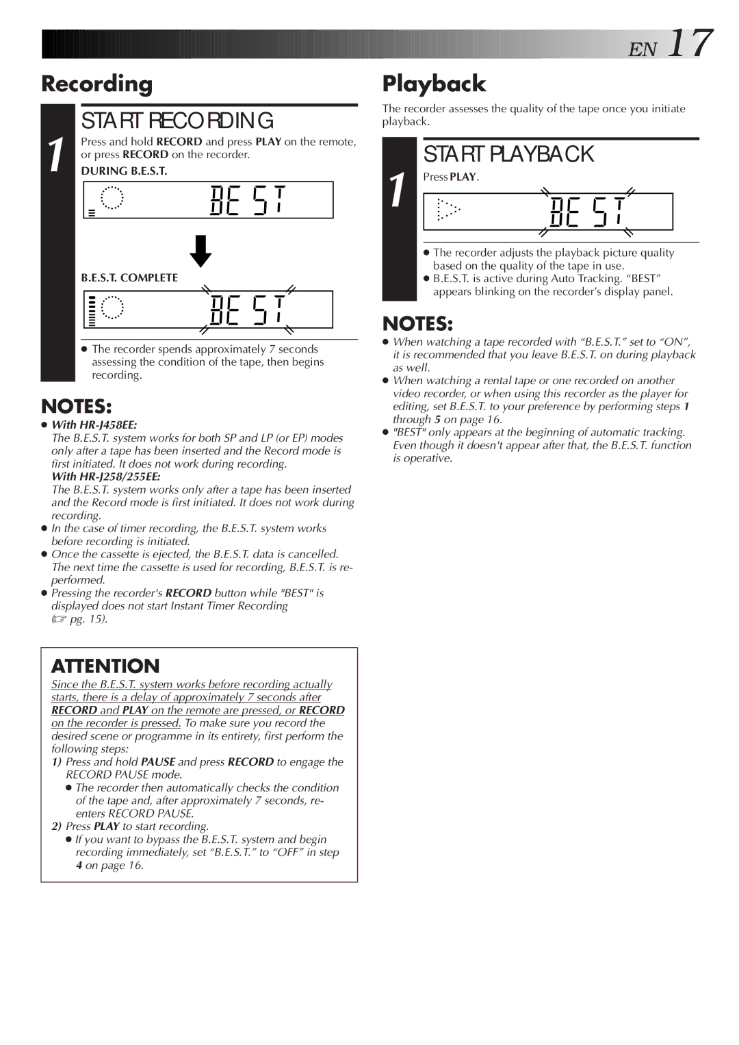 JVC HR-J255EE, HR-J458EE, HR-J258EE specifications Recording, Playback, Or press Record on the recorder 