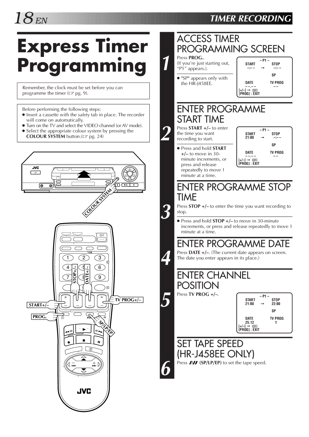 JVC HR-J458EE, HR-J258EE, HR-J255EE Express Timer Programming, Start Time, Enter Programme Stop Time, Enter Programme Date 