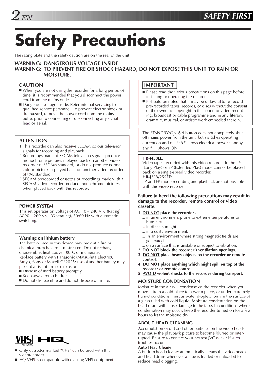 JVC HR-J255EE, HR-J258EE Safety Precautions, HR-J458EE, HR-J258/255EE, Do not place the recorder, Auto Head Cleaner 