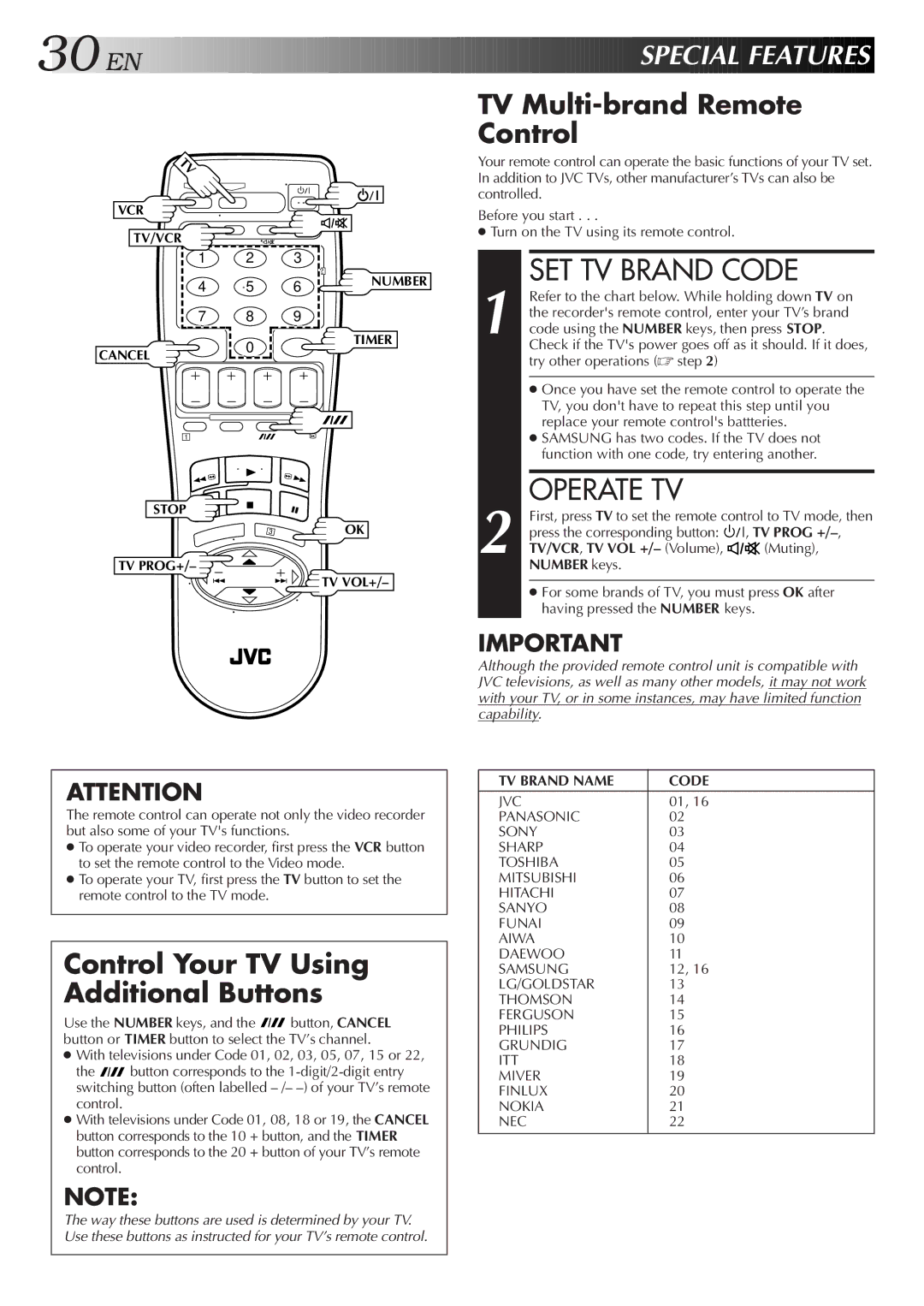 JVC HR-J458EE, HR-J258EE, HR-J255EE SET TV Brand Code, Operate TV, EN Special Feat Ures, TV Multi-brand Remote Control 